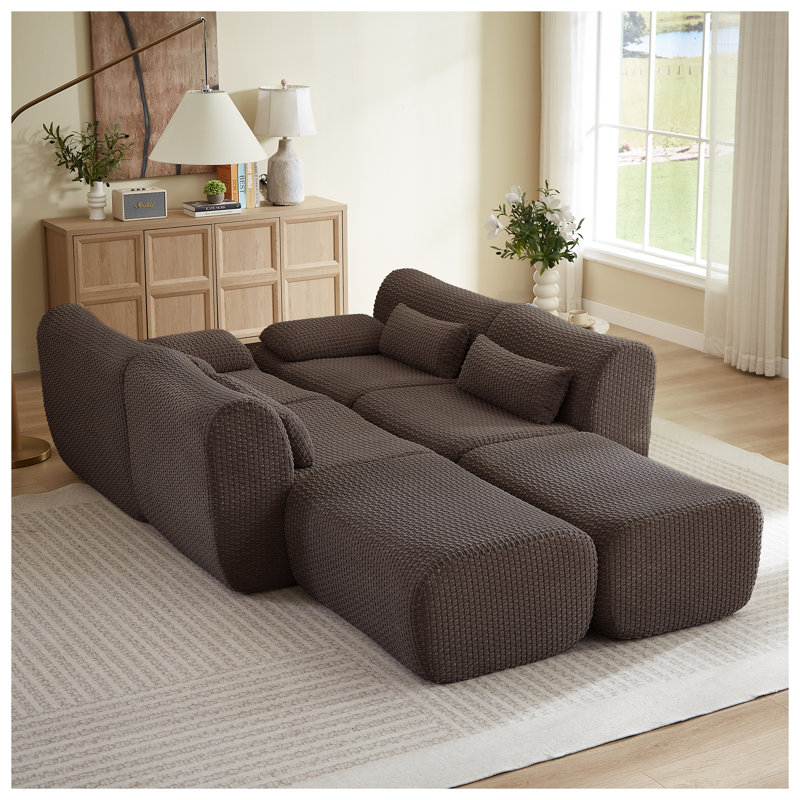 Canapé d'angle convertible 6 places en velours côtelé marron avec pouf, en forme de U, pour salon., Brun, Brun