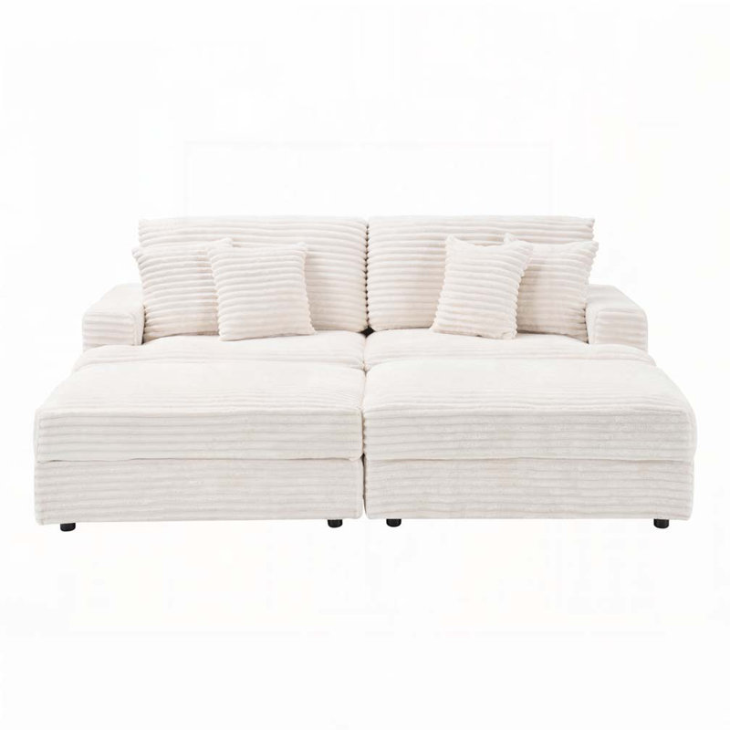Canapé avec repose-pieds Corduroy, Blanc