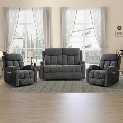 Seho 3-Piece Microsuede Reclining Living Room Set With Massage & Heating & Cupholders & Pocket Storage