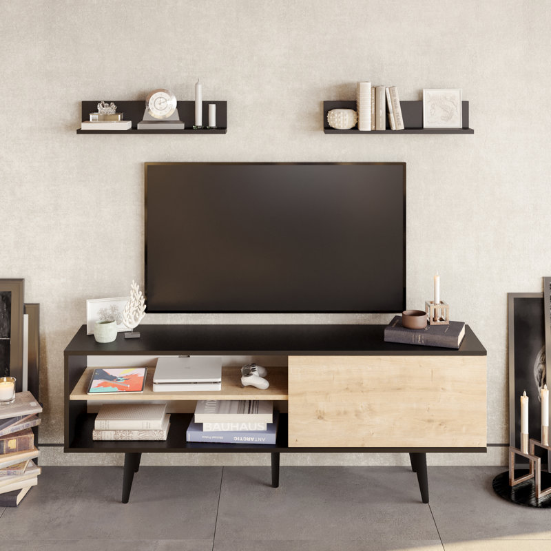 Pietro TV Stand for TVs up to 70" with 2 Wall Shelves, Black/Sapphire Oak