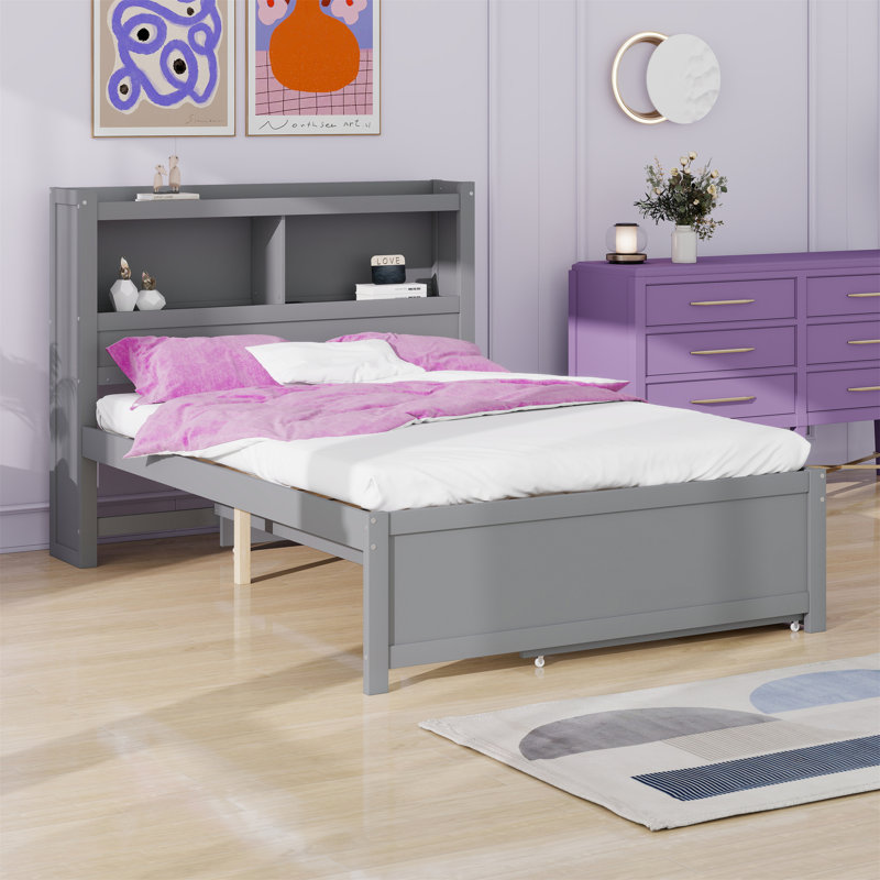 Lit plateforme avec lit gigogne, tiroirs et prises USB, Gris