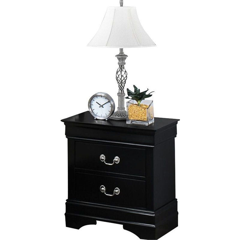 Table de chevet en bois massif noir avec finition soignée et finition à deux tiroirs, Noir