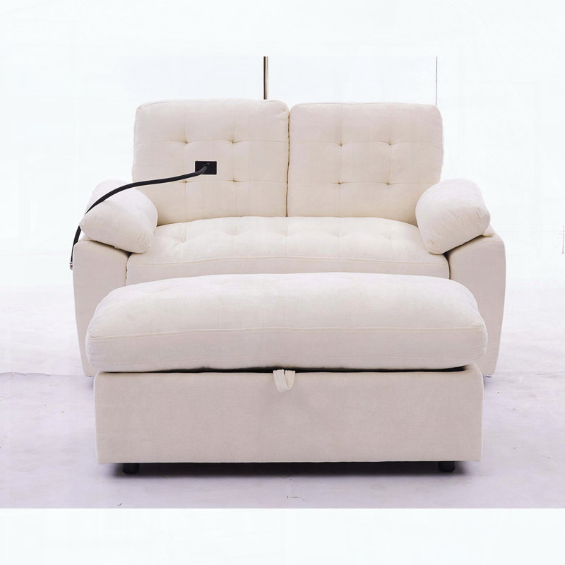 Double Recliner Sofa with USB Charging and Storage Ottoman, Beige