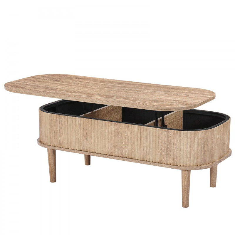 39.4 in Lift Top Coffee Table, Fluted Oval Coffee Table with 3 Hidden Compartment, Mid Century Wooden Oval Center Desk with Storage, Lift Up Tabletop for Home & Office, Easy Assembly, Burlywood