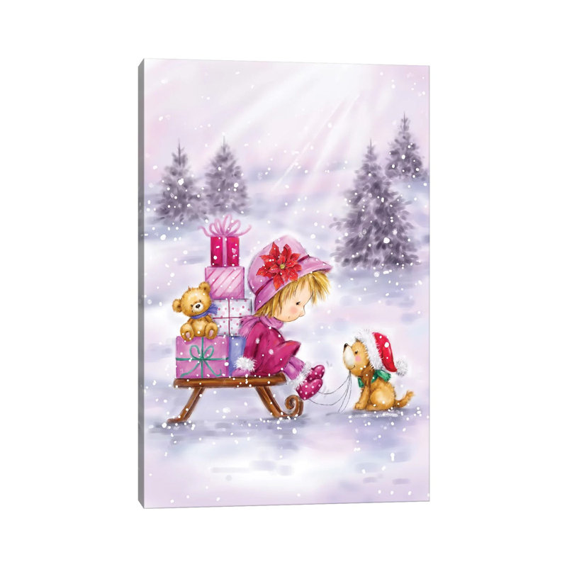 Girl With Present And Dog by MAKIKO - Wrapped Canvas Painting, 66.04 cm H x 45.72 cm W x 1.91 cm D