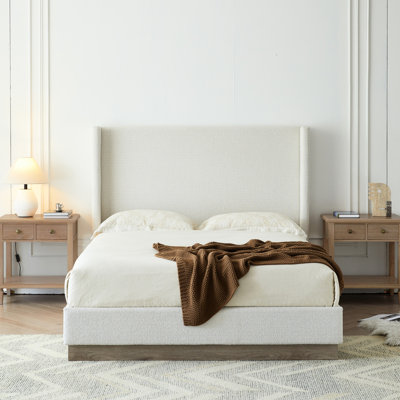 Queen Bed With 53.1" High Cream White Boucle Upholstered Headboard, Minimalist Rustic Design, Metal Base, Secure Wingback Bed, Size, Aesthetic, Frame,