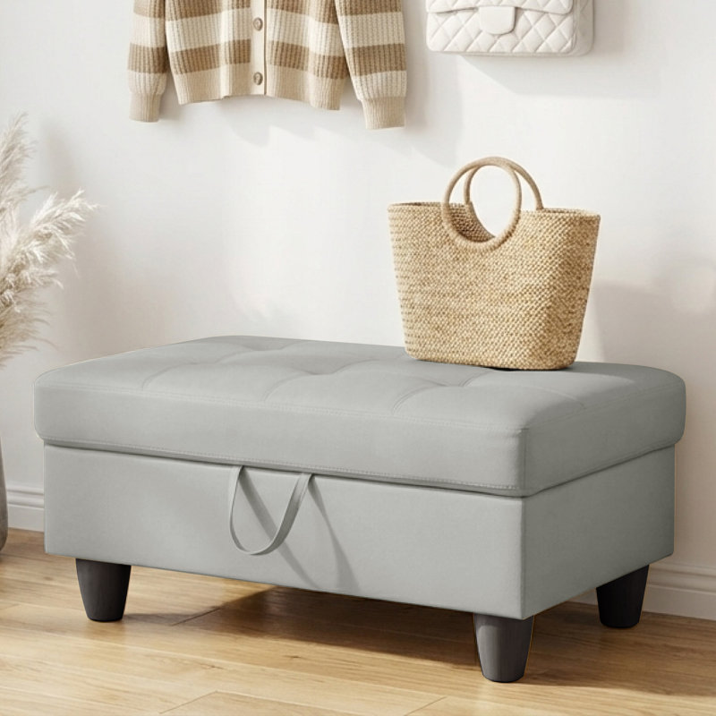 Rectangular Storage Ottoman Bench With Hinged Lid, Faux Leather Footrest For Living Room, Bedroom, Entryway, Silver, 35"X23.5"X17.5"