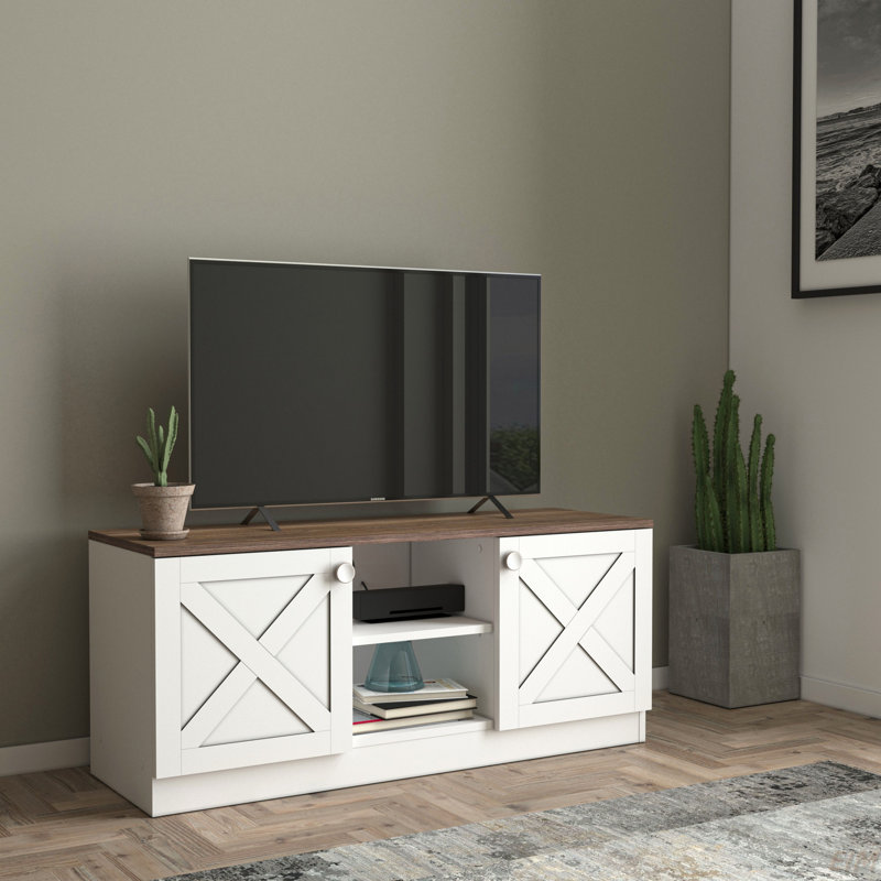 Meuble télé Wyteria en bois blanc rétro avec 2 armoires et tablettes | Base robuste, design rétro pour intérieurs classiques