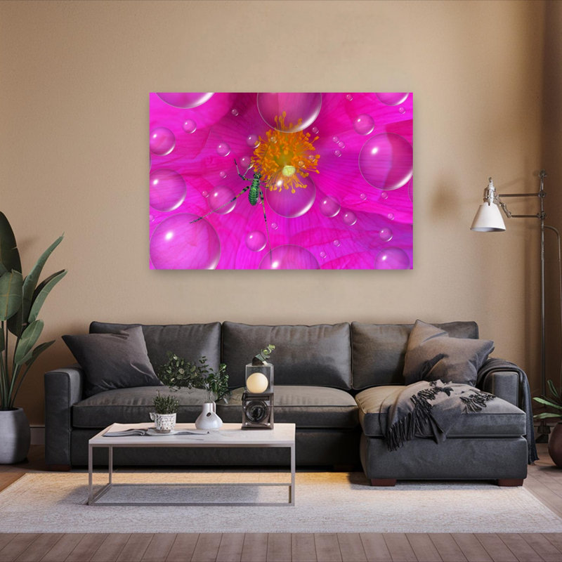 Green Insect Dewy Petals Delicate Vibrant Contemporary Flower Nature Wall Art Print 1 Piece Wrapped Canvas Wall Art