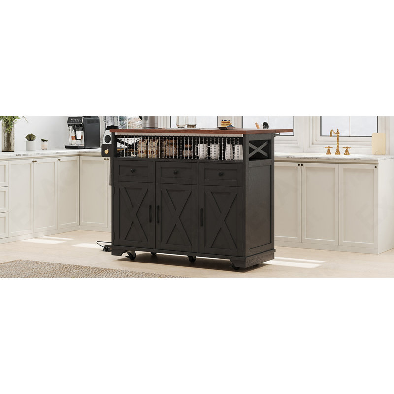 46.5'' Farmhouse Kitchen Island With Drape Of Beads, Power Outlet, Rolling Kitchen Cart On Wheels With Drop Leaf, 3 Doors , 3 Drawers And Internal Iron Shelf, For Kitchen, Dining Room, Black