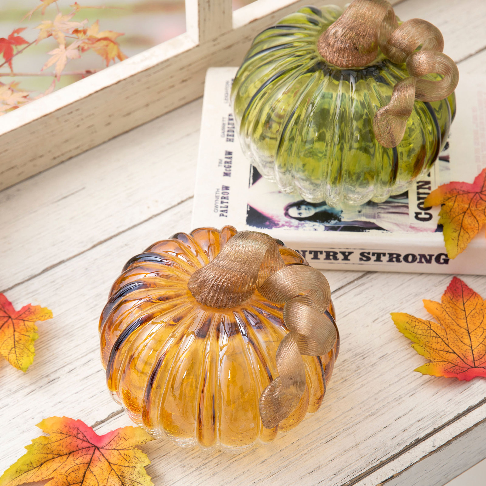 2-Piece Crackle Glass Pumpkin Set, 4.72" H x 5.91" W x 5.91" D, Green/Amber