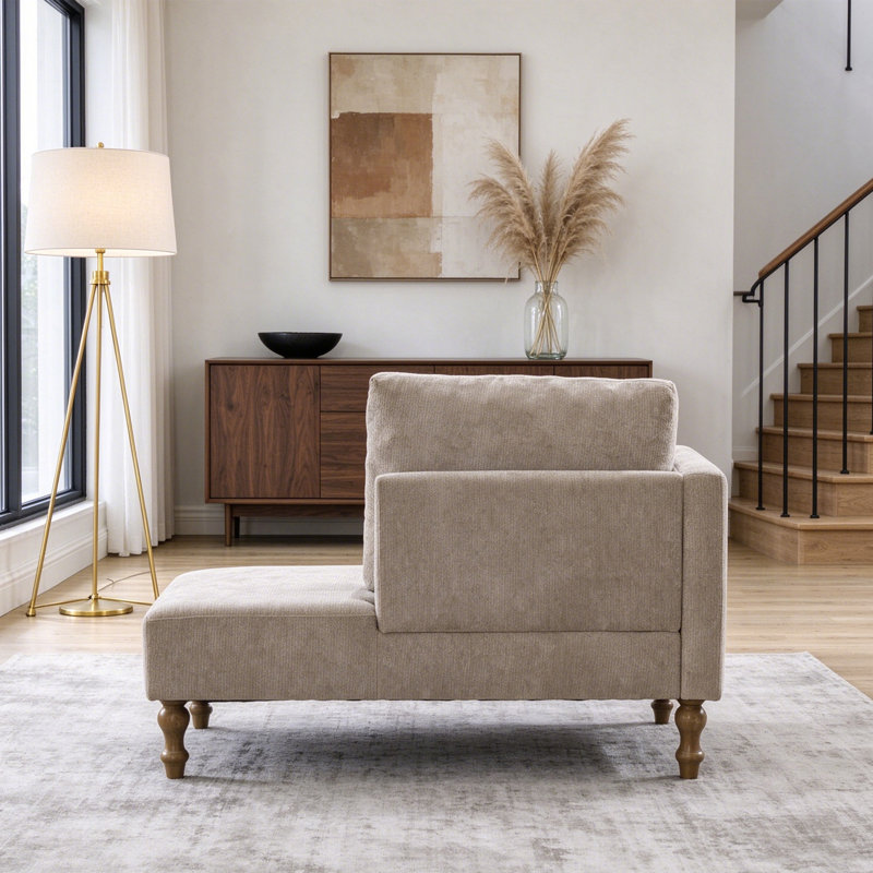 Chaise longue d'intérieur rembourrée en chenille de 127 cm de large, avec deux coussins et pieds en bois massif., Taupe