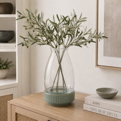 Vase Ahna moderne avec base en céramique nervurée verte, verre transparent 16 pouces