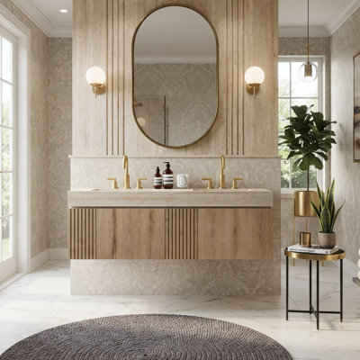 Meuble-lavabo mural moderne 60 po avec comptoir en pierre frittée Roma et éviers en céramique, armoire de rangement en contreplaqué avec 2 tiroirs et 2 portes (grain de bois de chêne blanc)