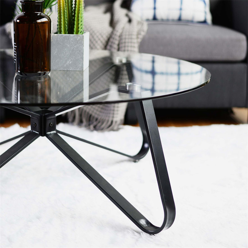 31.5" Round Glass Coffee Table with Metal Frame Supported for Living Room