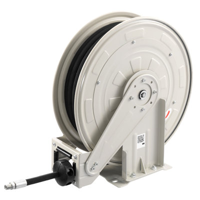 Enrouleur de tuyau à graisse rétractable, 6,35 mm x 15,24 m, rembobinage automatique à ressort, pression maximale de 698 bars, construction robuste en acier au carbone avec tuyau tressé en fil d'acier, convient aux lubrifiants, graisses et huiles hydrauliques.