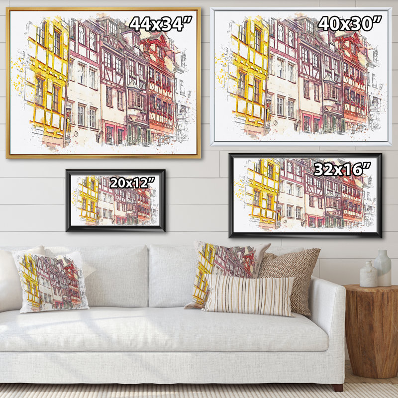 Traditional German Architecture Cityview - peinture sur toile, H 30 po x l 40 po x P 1,5 po, Cadre flottant blanc