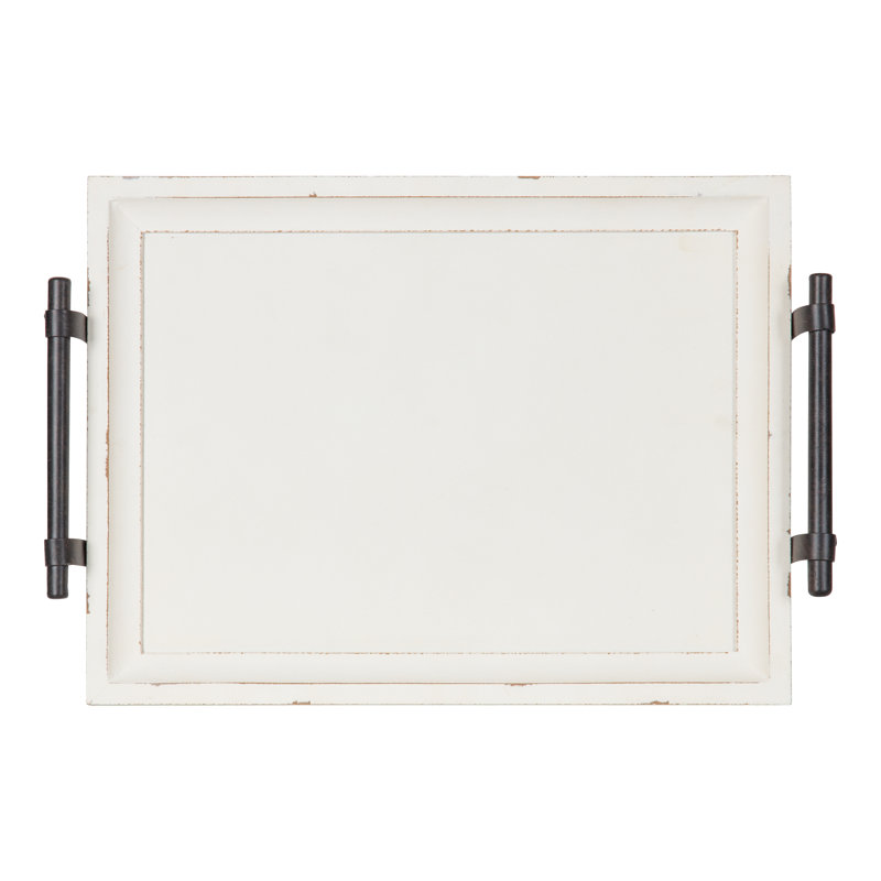 Distressed White Solid Wood Tray with Antique Metal Handles