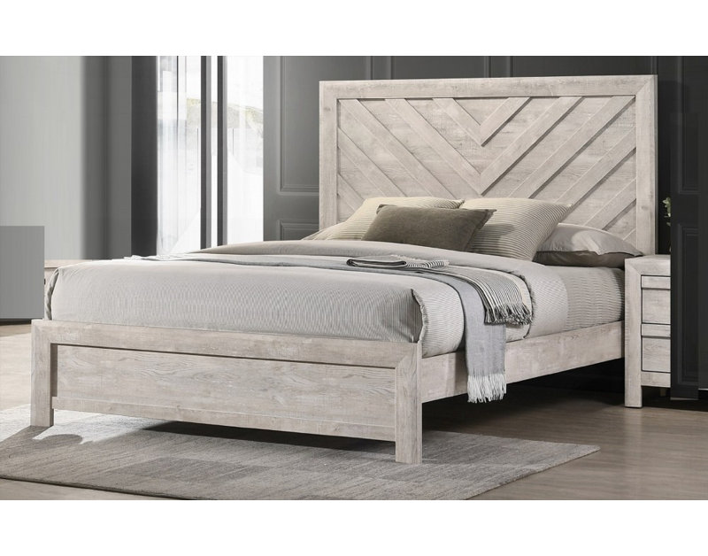 Grand lit 1pc avec finition gris beige rustique & amp; Motif géométrique à chevrons, aucun sommier nécessaire, uni & amp; Durable