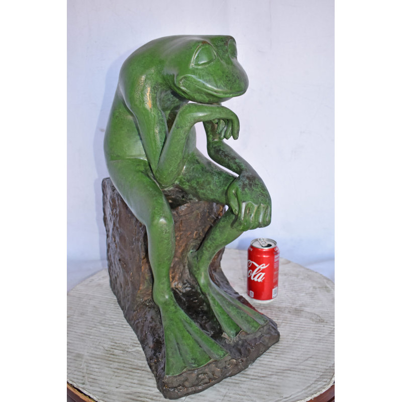 Green Frog Thinking Bronze Statue - Size: 10"L x 16"W x 20"H.