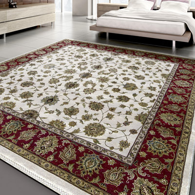 Tapis ivoire et rouge noué à la main de haute qualité