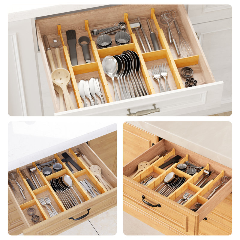 Bamboo Drawer Dividers with Inserts and Labels, Kitchen Adjustable Drawer Organizers, 2.5"H x 0.6"W x 22"D