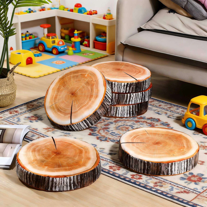 Rustic Round Wood-slice Floor Pillow Set