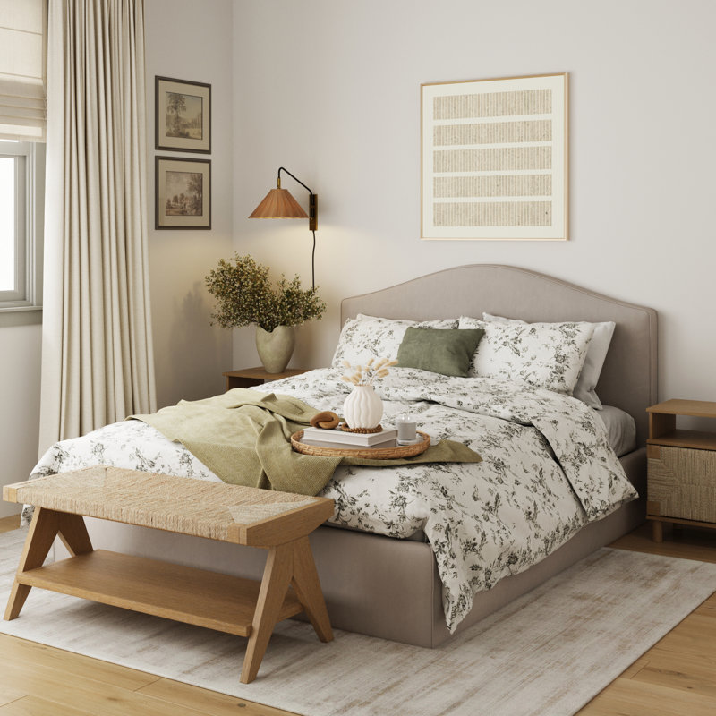Claudinette Bohemian Bedroom Nightstand Set With Bench, Solid Wood Bedroom Set With Seagrass