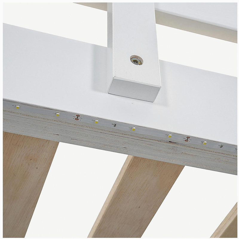 Un lit mezzanine double avec garde-robe intégrée et tablettes de rangement, équipé de lumières DEL, Blanc