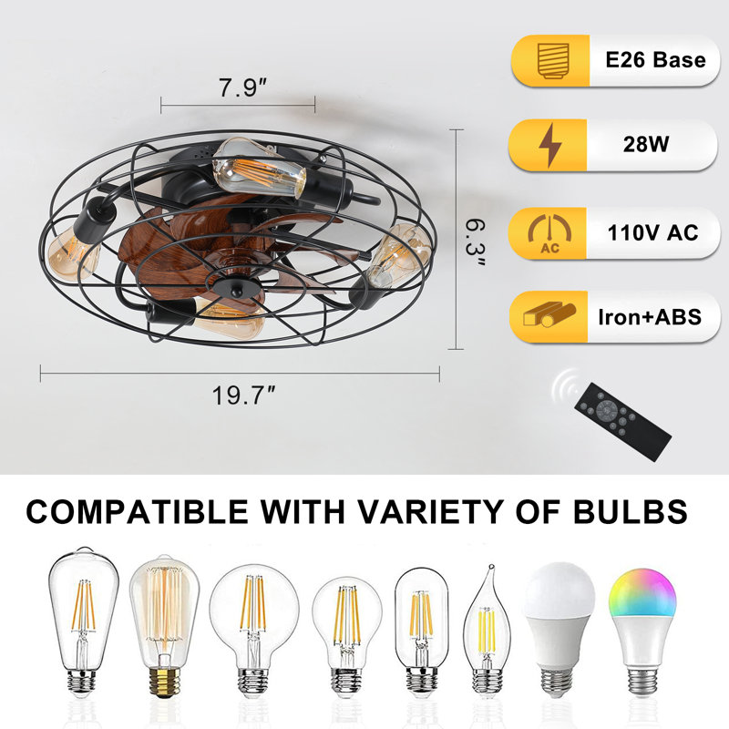 Ventilateur de plafond intérieur fermé 20 pouces avec lumière, moteur réversible à 6 vitesses, télécommande