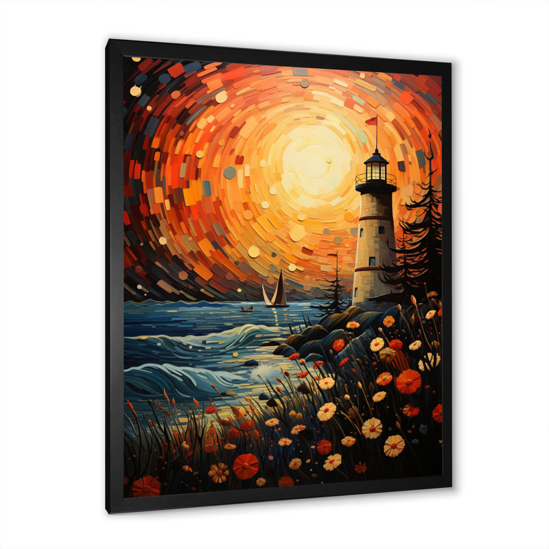 Art mural sur toile, "Phare du pointillisme III", Cadre photo noir, H 20 po x l 12 po