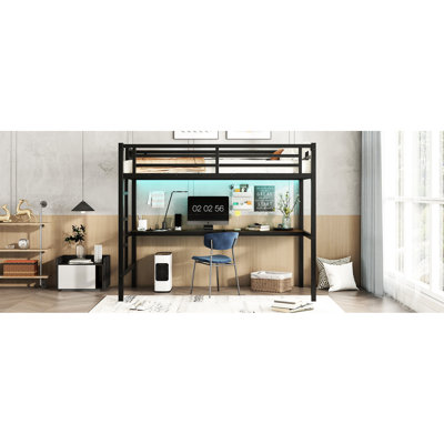 Twin Xl Loft Bed In Metal With Led & Desk - Enhance Your Bedroom Decor Desk, Power Outlet Look