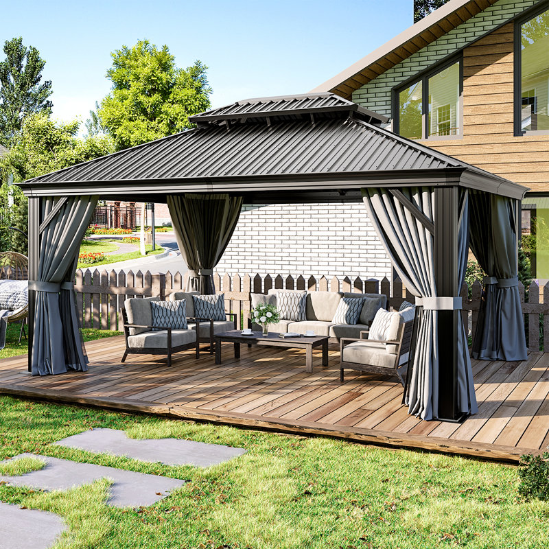 16x12 FT Hardtop Gazebo with Double Roof, 120mm Aluminum Posts & Built-in Gutter, Black & Grey, 16 Ft. W x 12 Ft. D