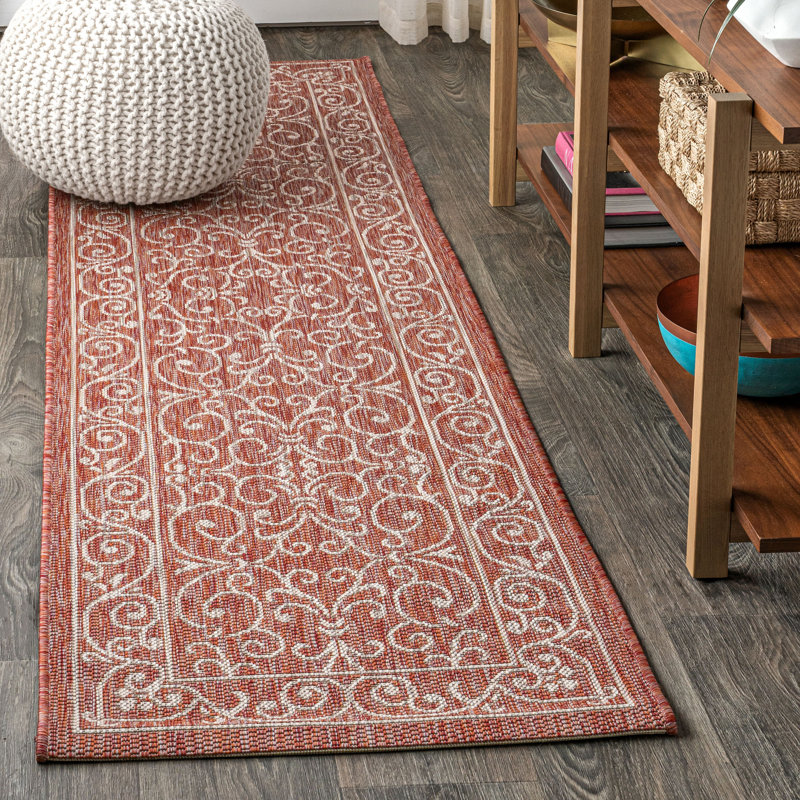 Hagerman Vintage Filigree Textured Weave Red/Beige Indoor/Outdoor Rug, Runner 2'2" x 10'