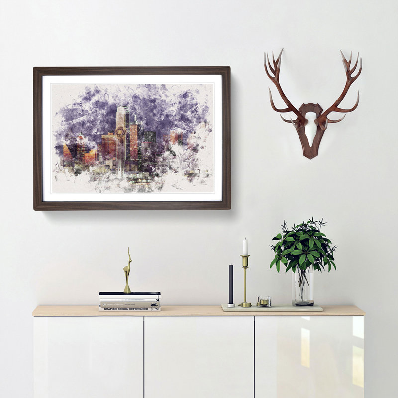 Dallas Texas Skyline at Dusk 1 Piece Single Picture Frame Painting on MDF, 40cm H x 60cm W x 2cm D, Walnut Framed