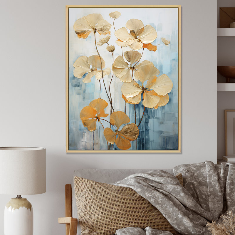 " Golden Blue Geraniums Bloom I ", Natural Floater Frame, 32" H x 24" W x 1" D