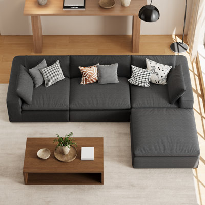 Canapé d'angle moderne Cloud sans os de 300 cm (118 po), canapé modulable en forme de L rembourré avec pouf et assise profonde pour salon, noir