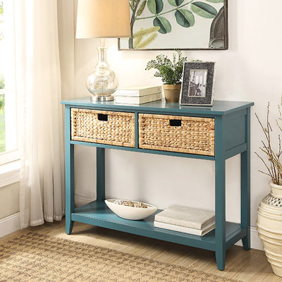 Console élégante bleu sarcelle avec espace de rangement - 2 tiroirs et une tablette inférieure. Pieds en bois massif. Idéal pour décorer les salons, les corridors et les entrées. Résistante et durable.