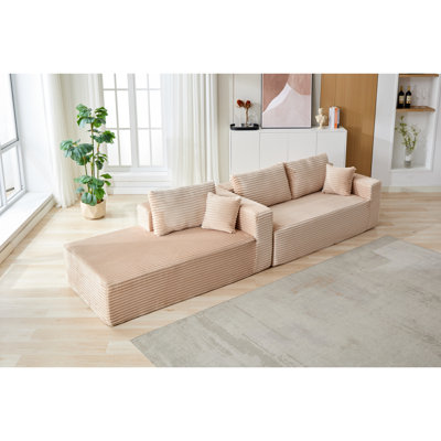 Velours côtelé à compression en forme de L sans os beige, méridienne confortable, siège profond et canapé-lit modulaire pour le salon