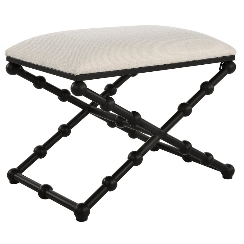 White Polyester Upholstered Bench with Black Iron Frame