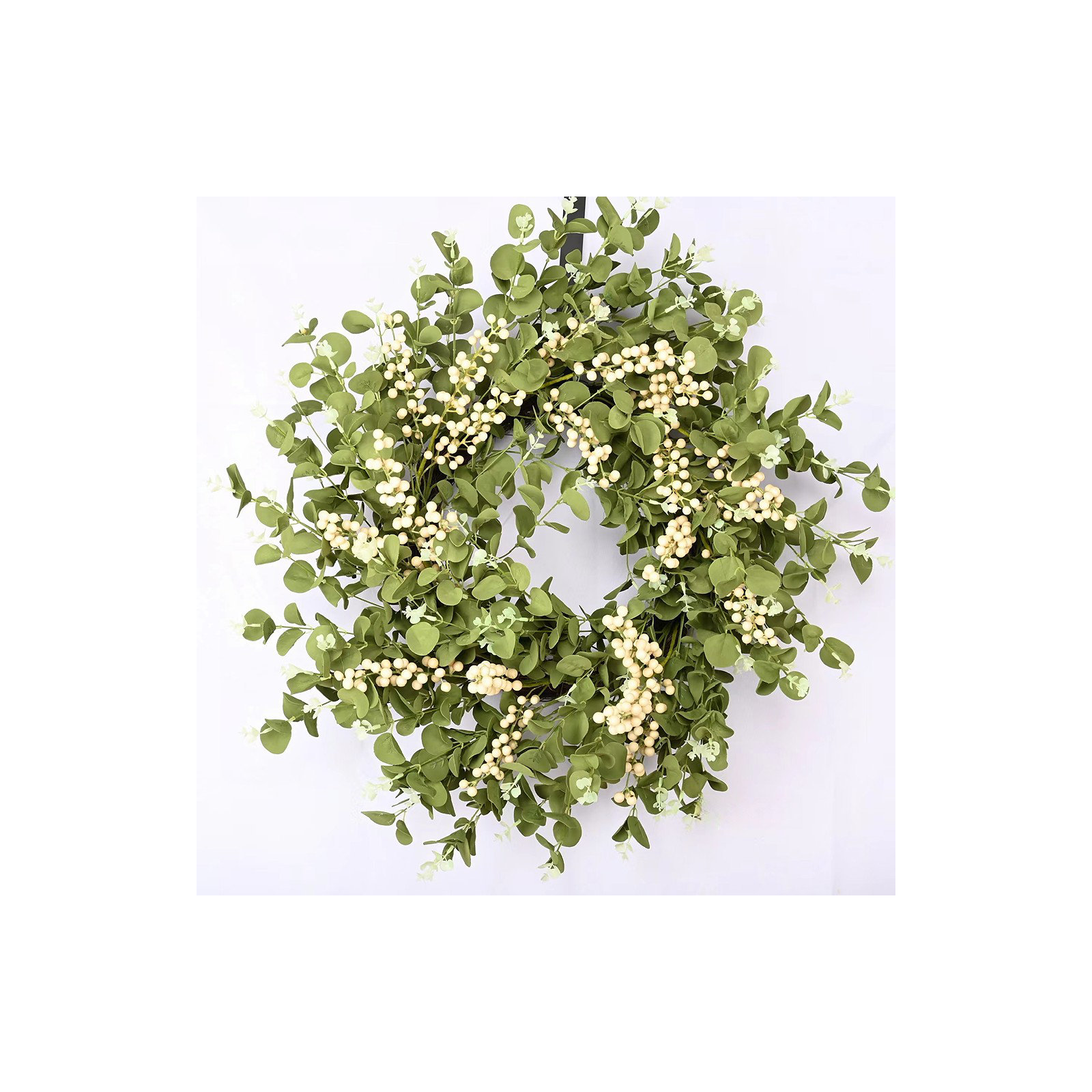 24" Handcrafted Faux Eucalyptus Berry Wreath for Front Door, White/Green