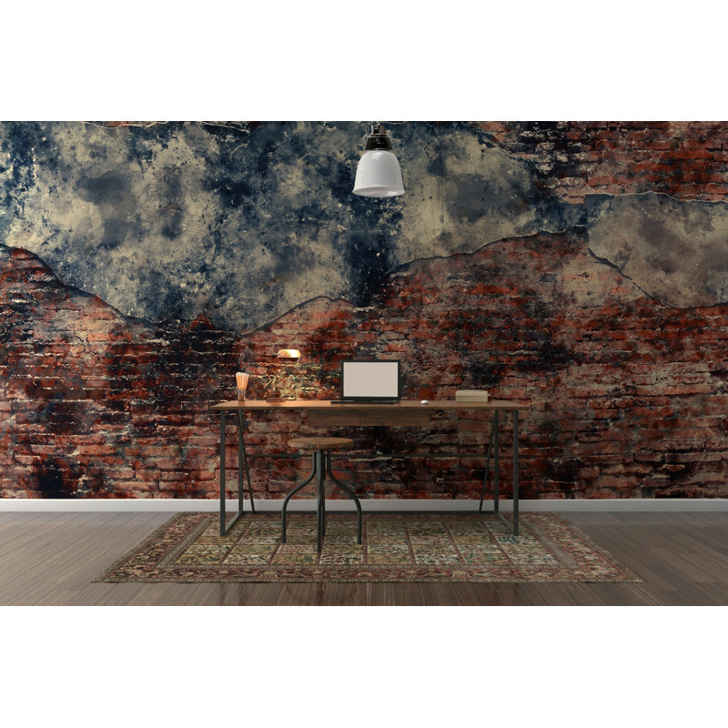 Rustic Red Brick and Blue Plaster Wallpaper, 75" L  x 112" W