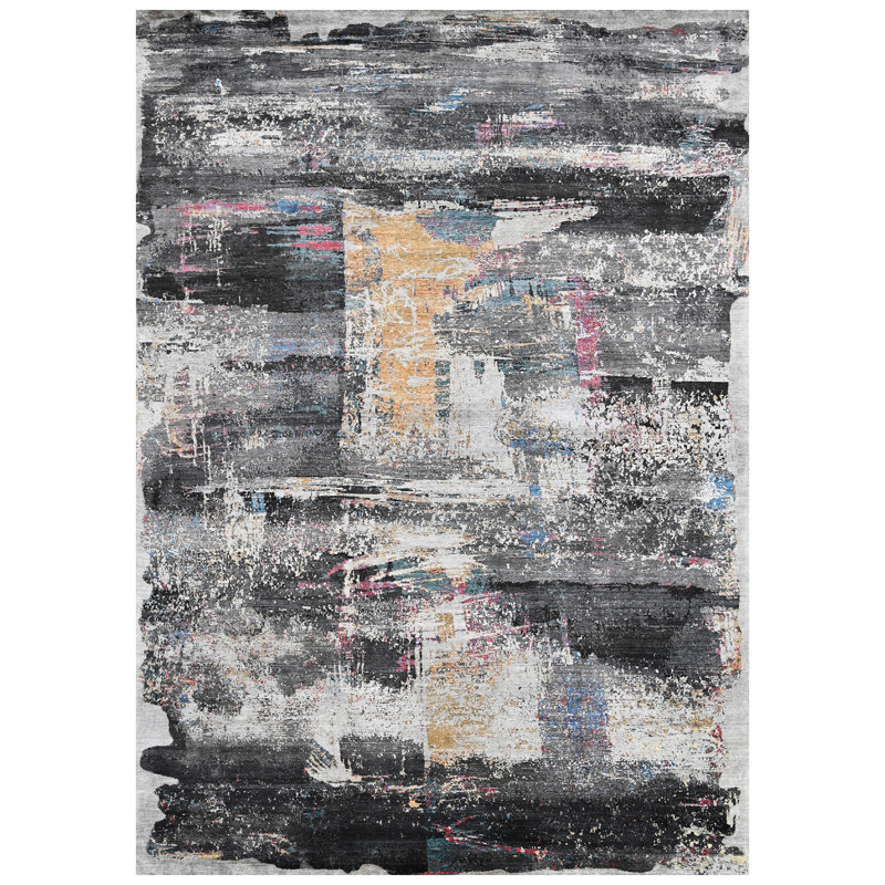 Hand Knotted Abstract Area Rug in Charcoal/Gold/Orange/Ivory, Rectangle 6' x 9'