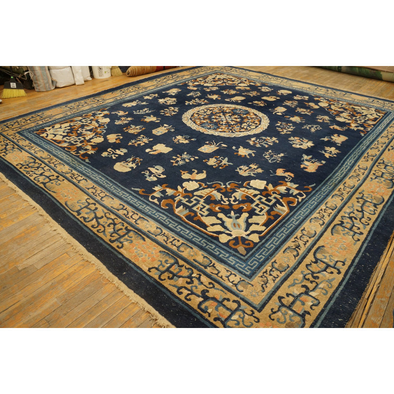Antique Chinese Peking Floral Medallion Pattern Blue Color Late 19th Century Rug