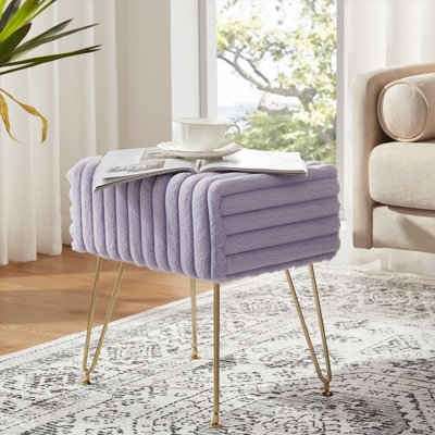 Modern Striped Faux Fur Vanity Stool with Metal Legs, Makeup Ottoman & Footrest for Bedroom