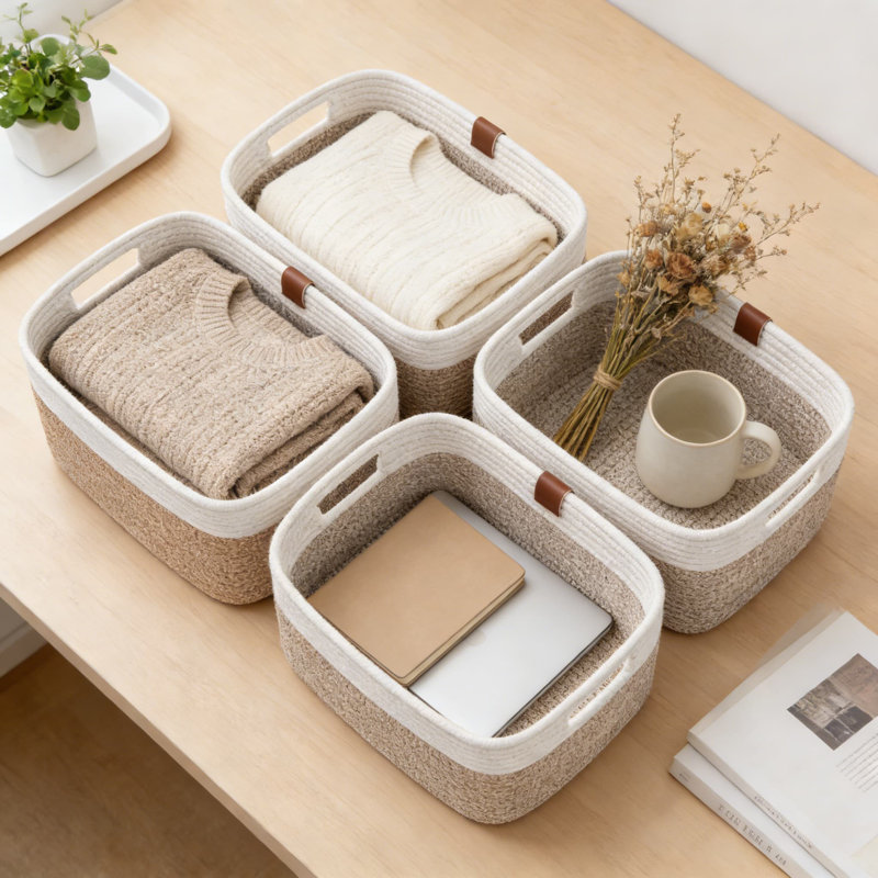 Woven Storage Baskets With Handles, 4-Pack Cotton Rope Organizer Bins For Toys, Towels, And Home Organization, Durable And Foldable Rectangular Design