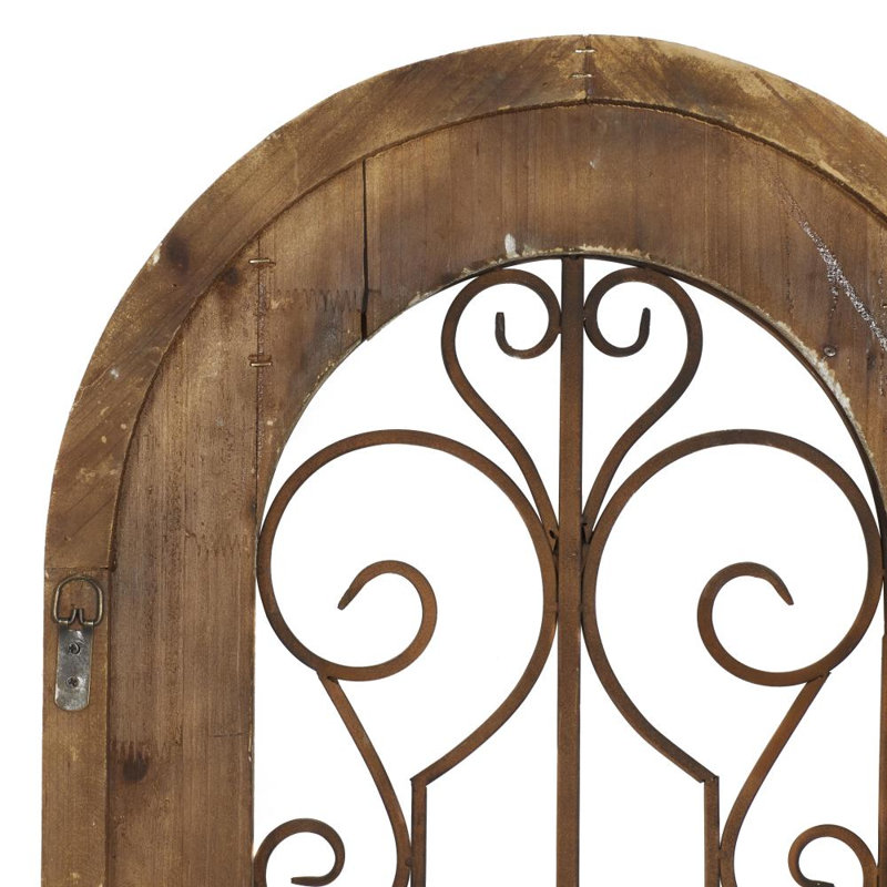 Wood Arched Window Inspired Scroll Brown Wall Decor with Bronze Metal Scrollwork