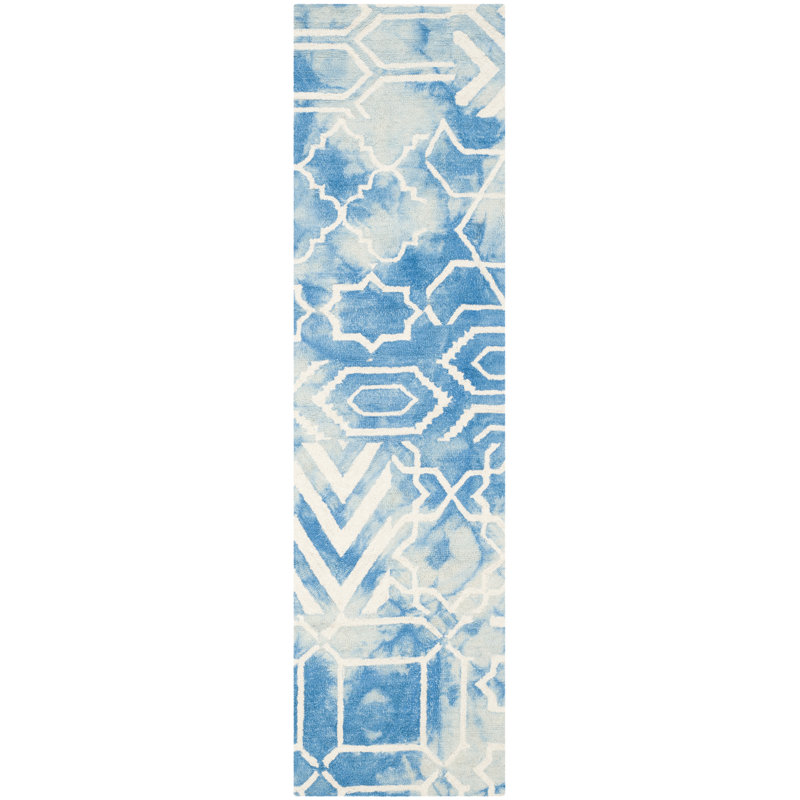 Dip Dye Hand Tufted Wool/Cotton Geometric Rug in Ivory/Blue, Runner 2'3" x 12'