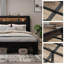 Structure de lit plateforme en bois noir foncé avec tête de lit à DEL avec rangement, deux ports USB, fonctionnement silencieux, aucun sommier requis, outils d'assemblage faciles, grand rangement sous le lit
