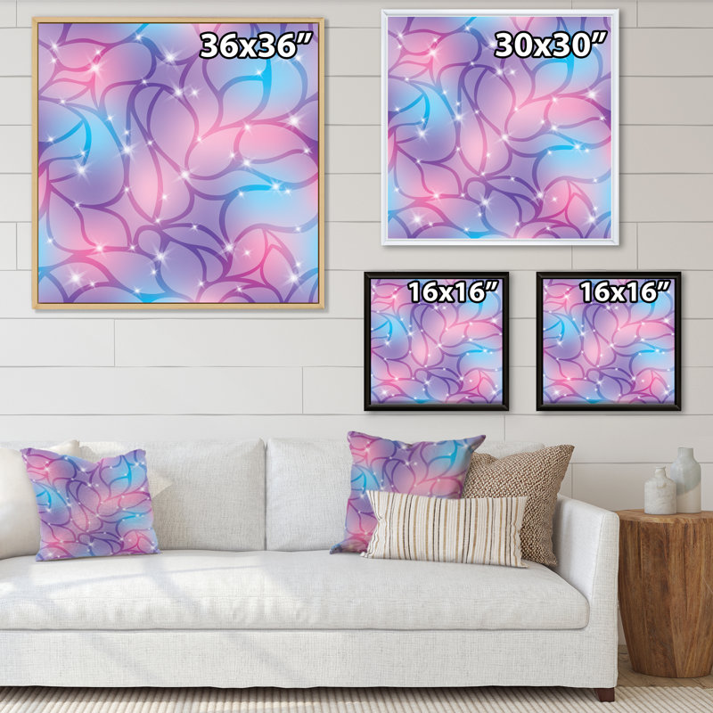Violet et mauve abstrait avec étincelles - Impression sur toile, Cadre flottant en érable, H 30 po x l 30 po x P 1 po